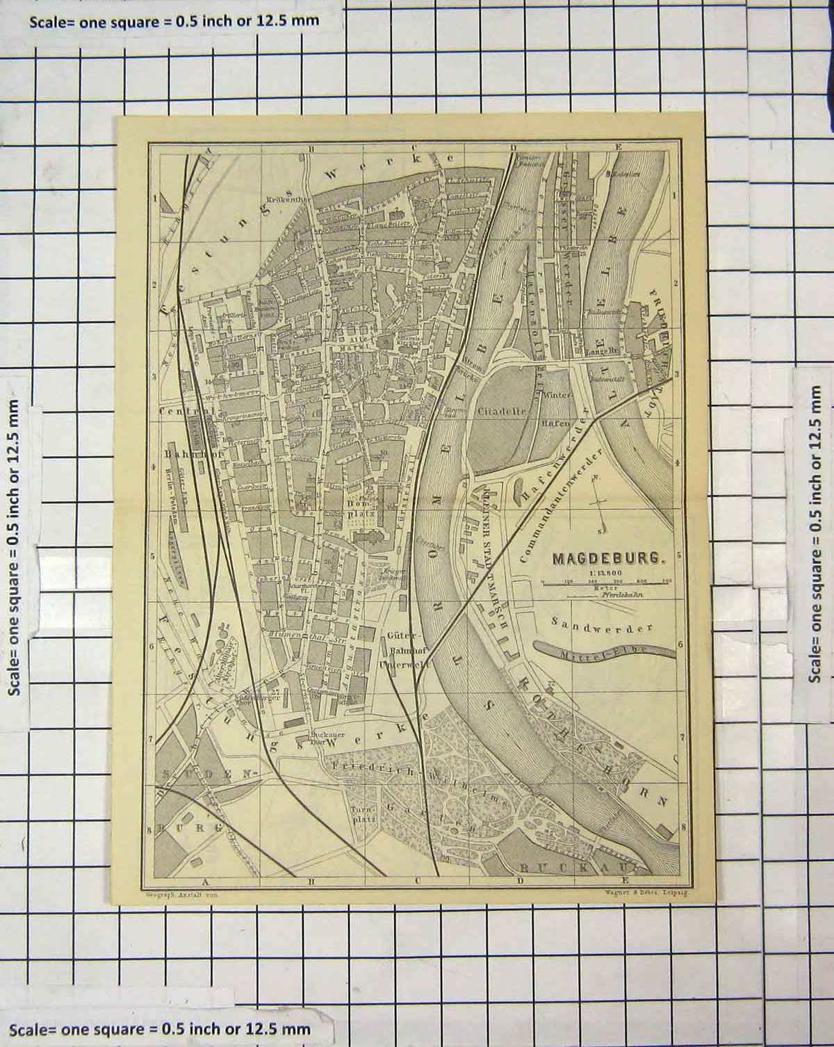Original Old Antique Print Map Germany Street Plan Magdeburg Brandenburg