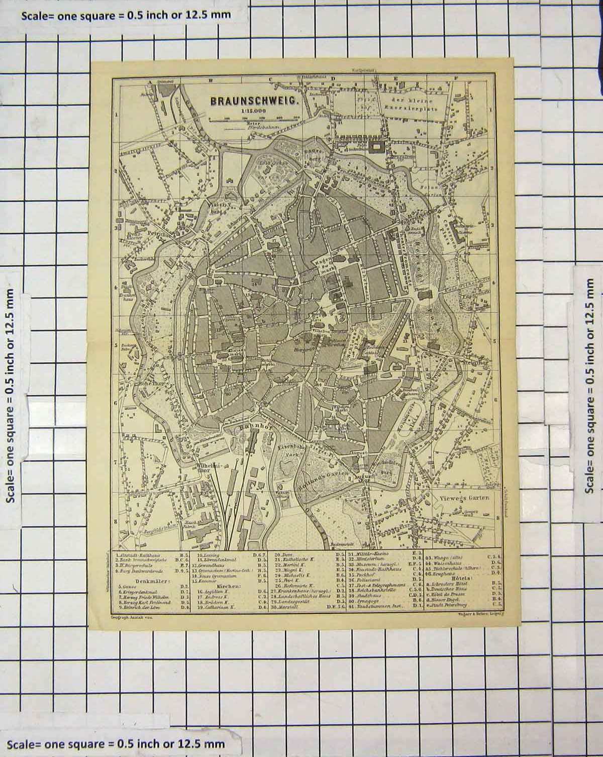 Original Old Antique Print Map Germany Street Plan Brauschweig Hildesheim