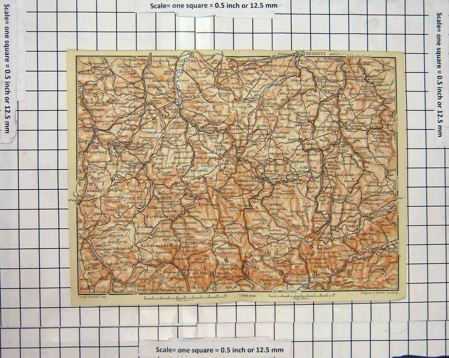 Original Old Antique Print Map Germany Zwickau Chemnitz Greiz Plauen 19th