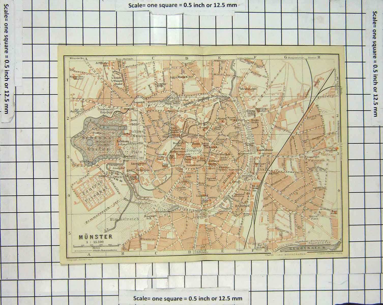 Original Old Antique Print Map Germany Street Plan Munster Schloss Garten 19th