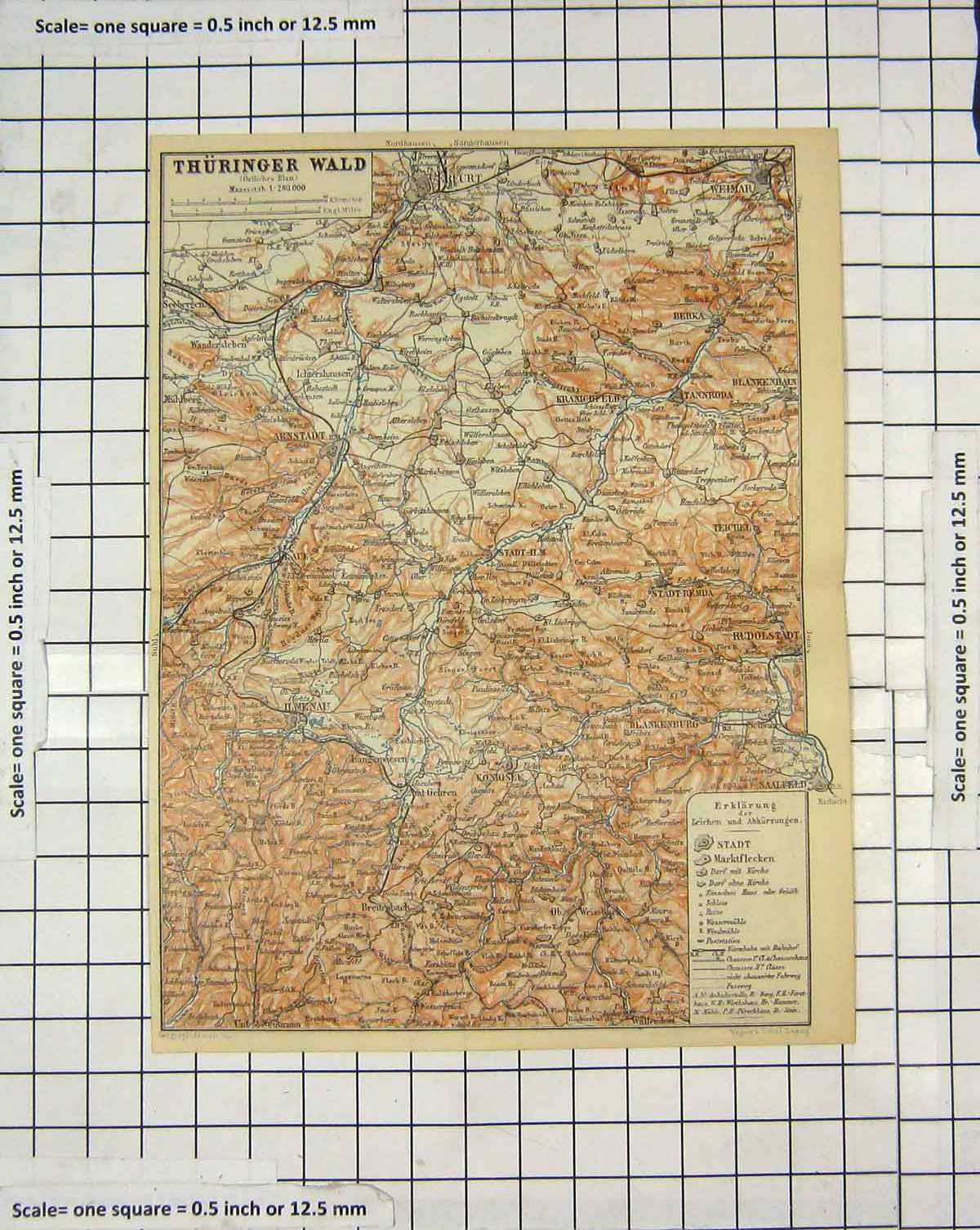 Old Antique Print Map Germany Thuringer Wald Erfurt Coburg Schwarzathal 20th