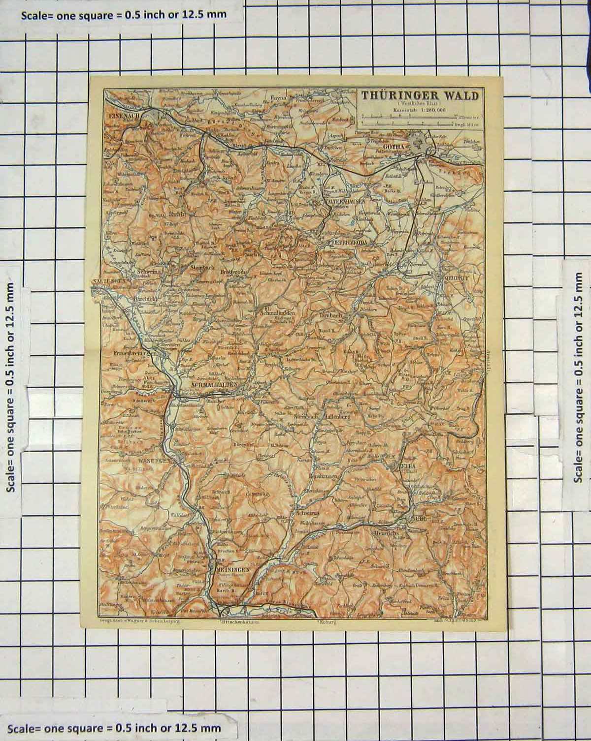 Original Old Antique Print Map Germany Thuringer Wald Gotha Liebenstein 20th