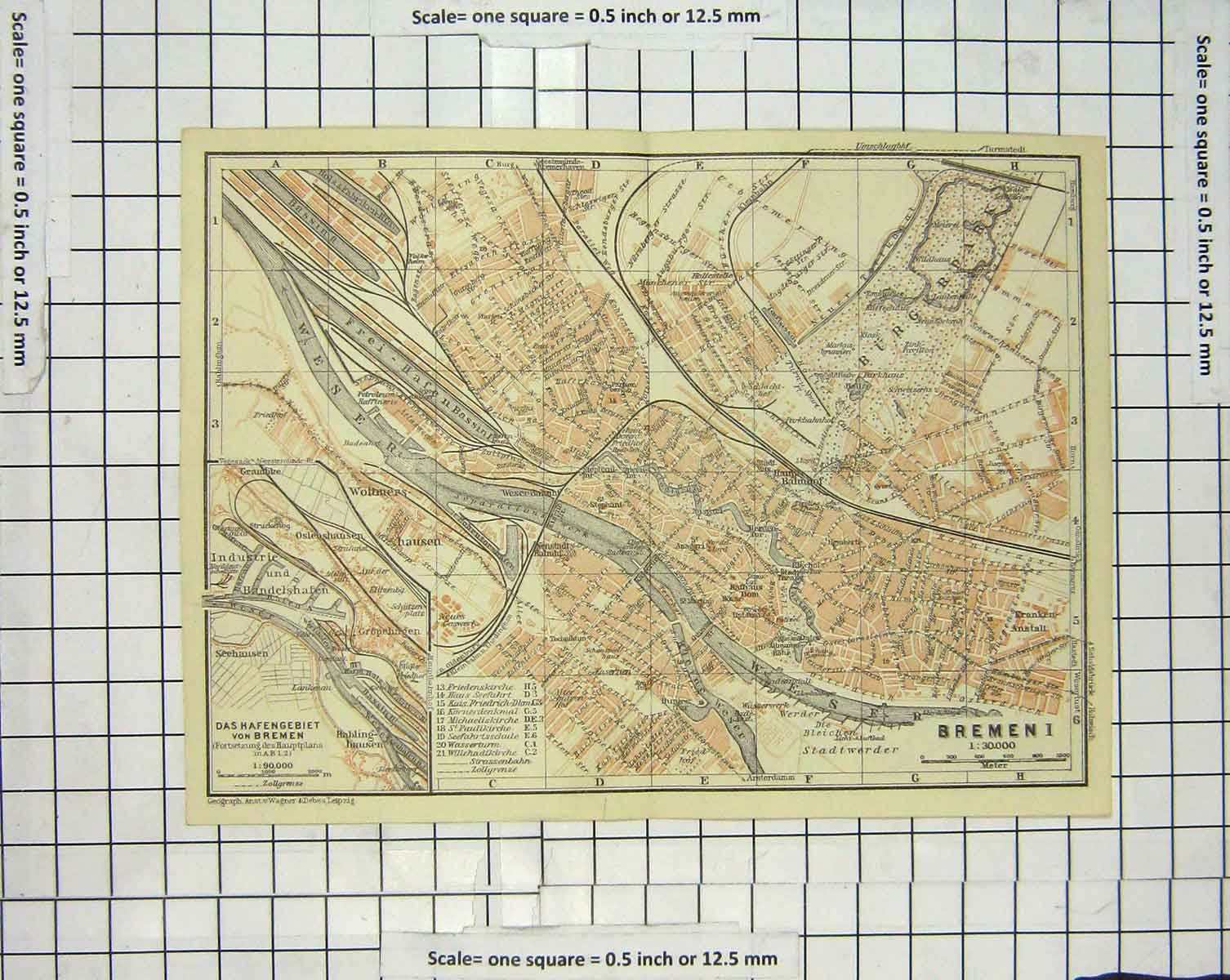 Original Old Antique Print Map Germany Street Plan Bremen Wesser River 20th