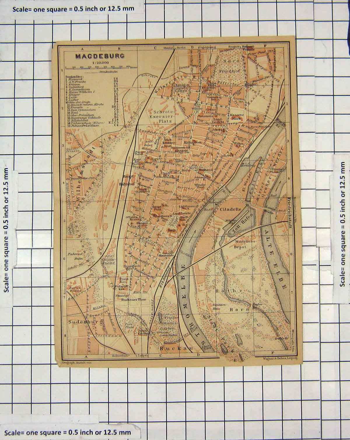 Original Old Antique Print Map Germany Street Plan Magdeburg Alte Elbe 20th