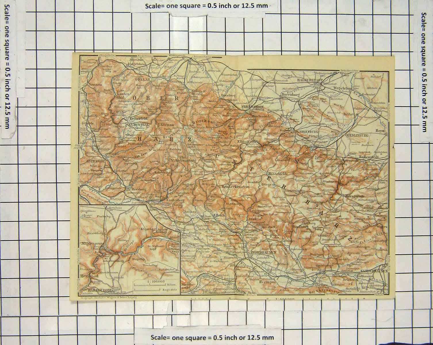 Original Old Antique Print Map Germany Halberstadt Das Bodethal Plan 20th