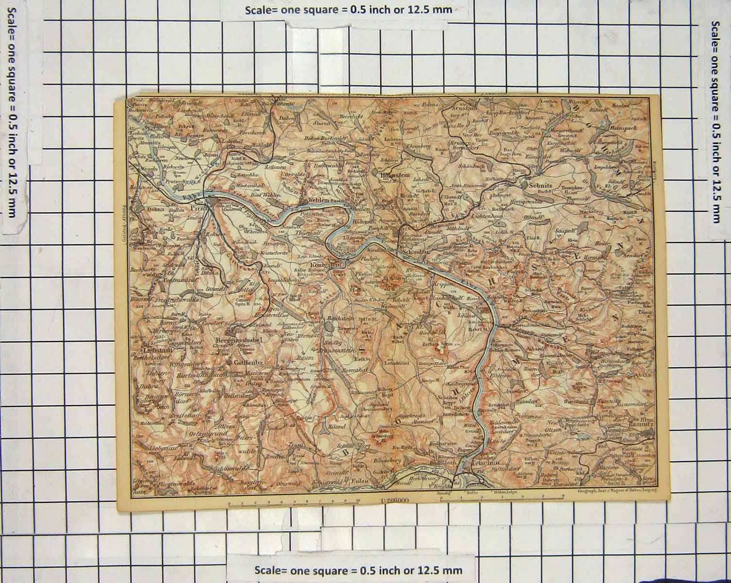 Original Old Antique Print Map Germany Pirna Hohnstein Schandau Elbe River