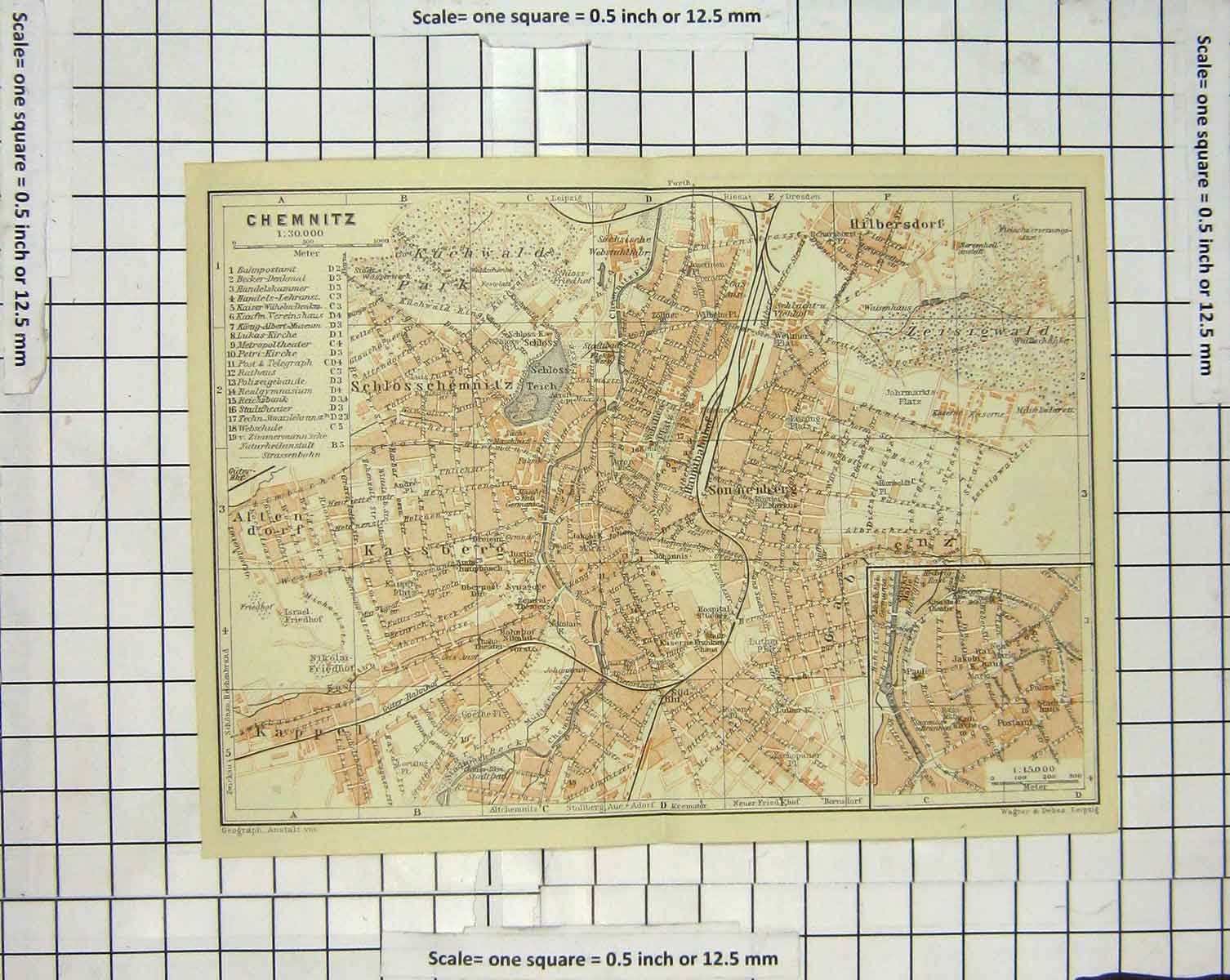 Original Old Antique Print Map Germany Plan Chemnitz Zwickau Freiberg