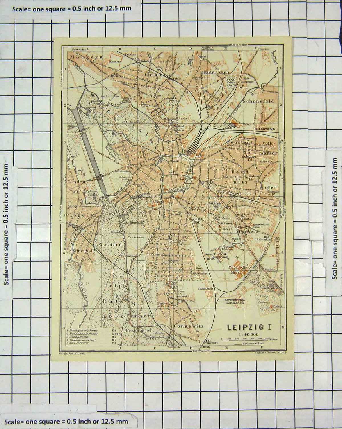 Original Old Antique Print Map Germany Street Plan Leipzig Schonefled