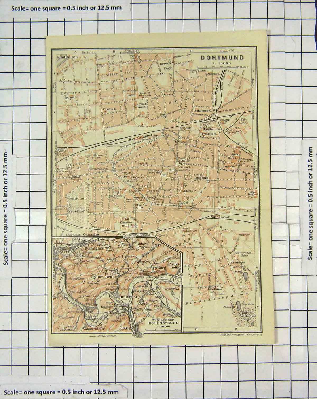 Original Old Antique Print Map Germany Street Plan Dortmund Essen Hagen