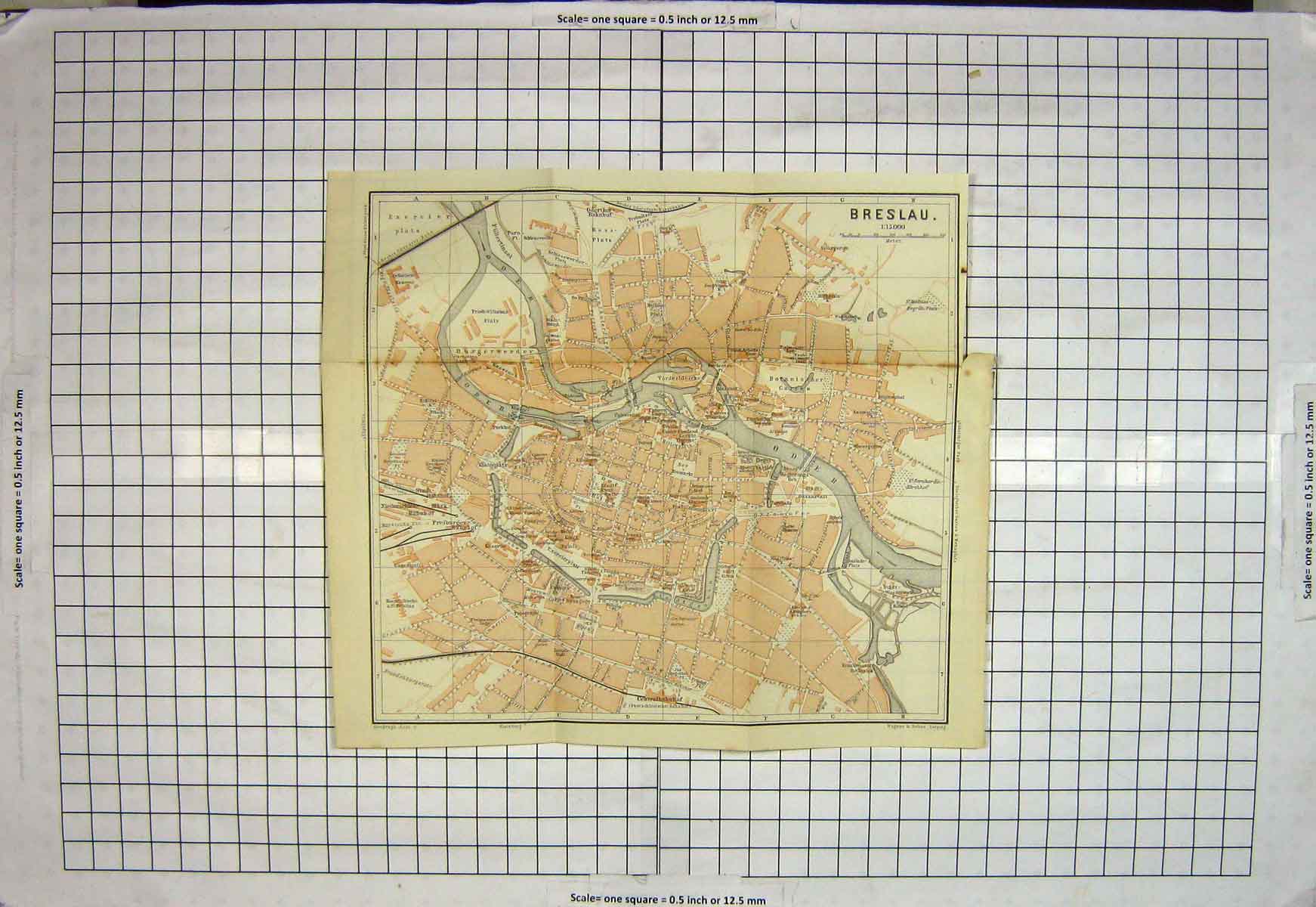Original Old Antique Print *107 Map Germany Street Plan Breslau Oder River