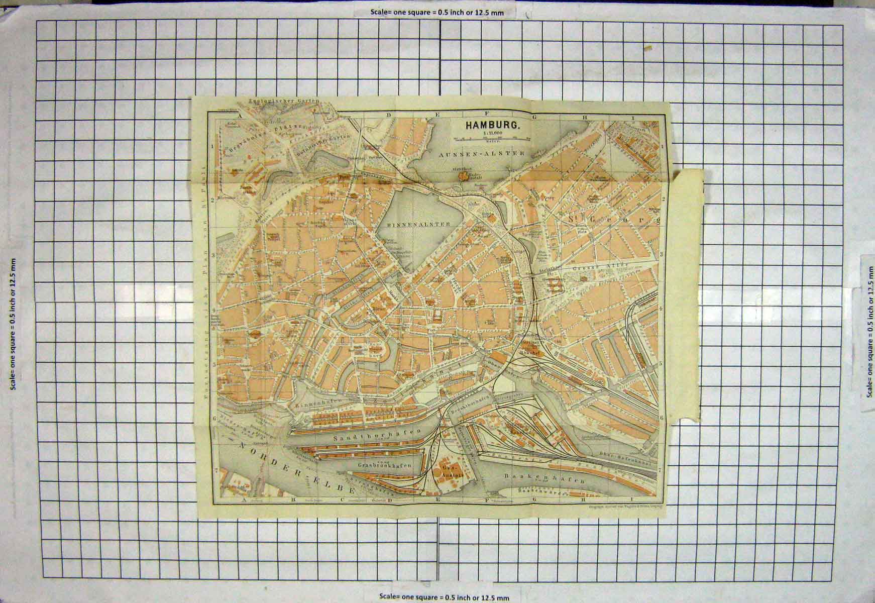 Original Old Antique Print Map Germany Street Plan Hamburg Norder Elbe