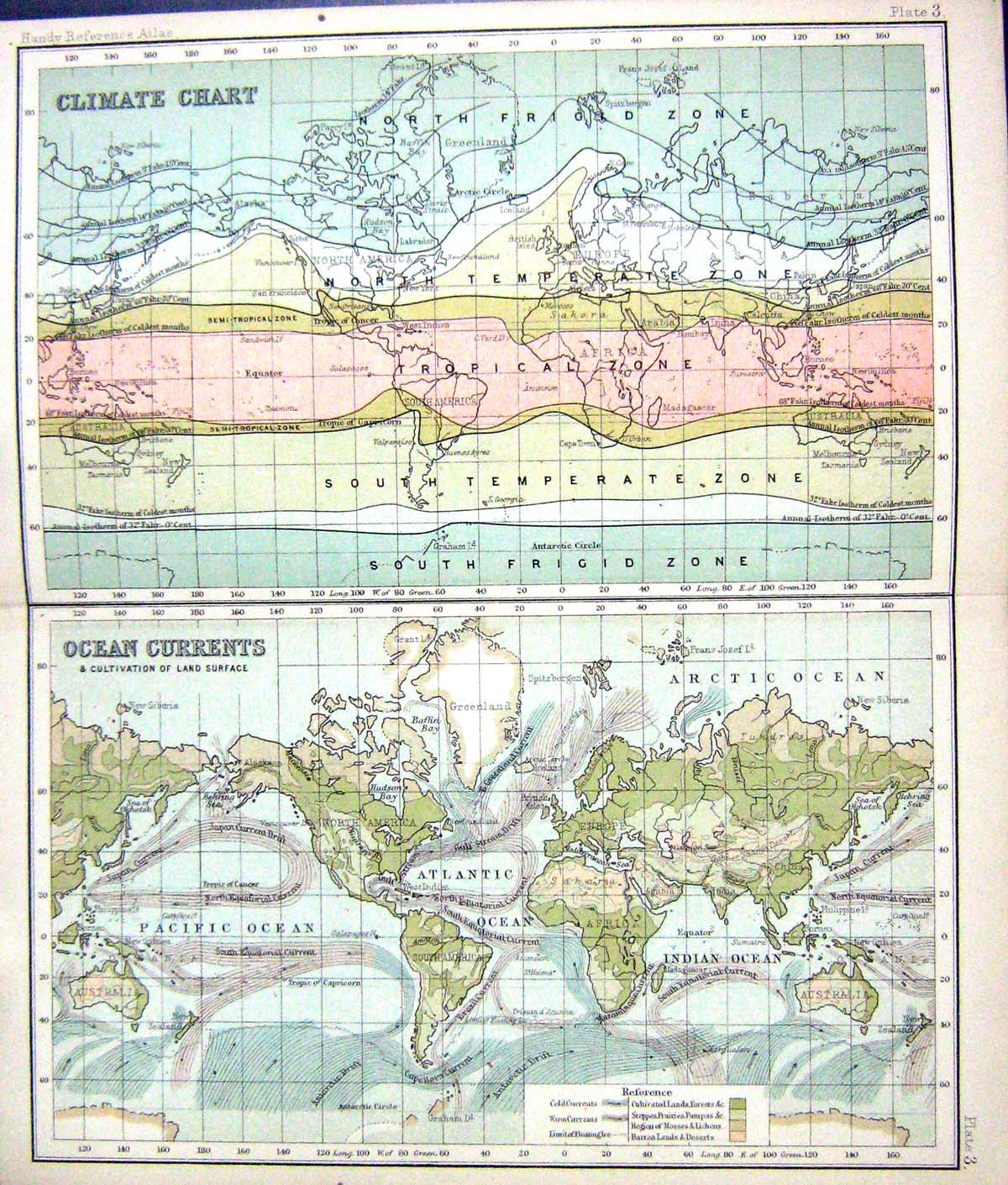 Old Print Map C1901 Climate Chart Ocean Currents Cultivation Land Surface 20th