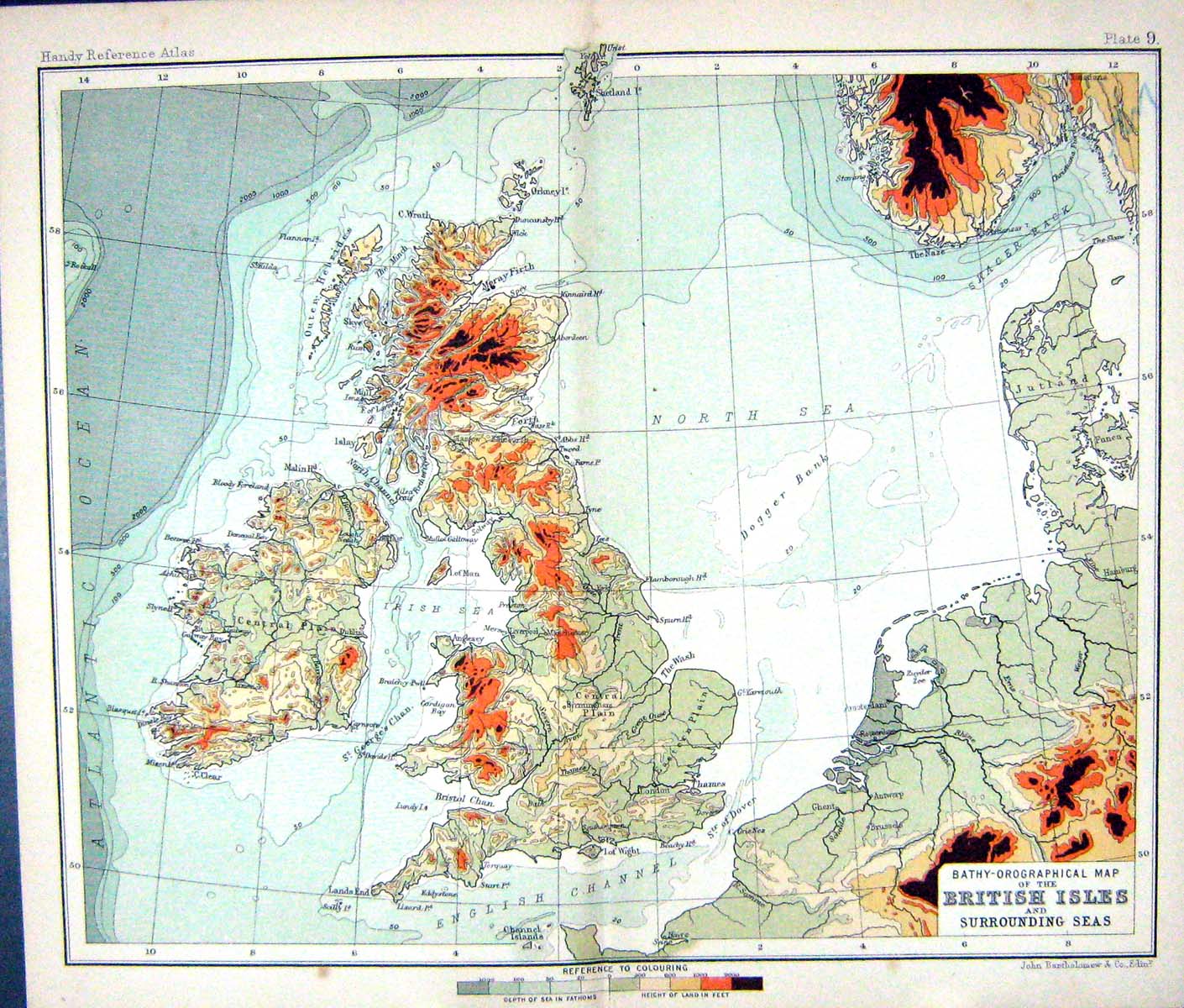 Antique Old Print Bathy-Orographical Map C1901 British Isles Ireland Wales 20th