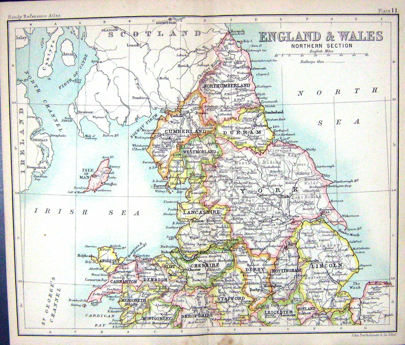 Antique Old Print Map C1901 England Wales Isle Man Northumberland Carnarvon