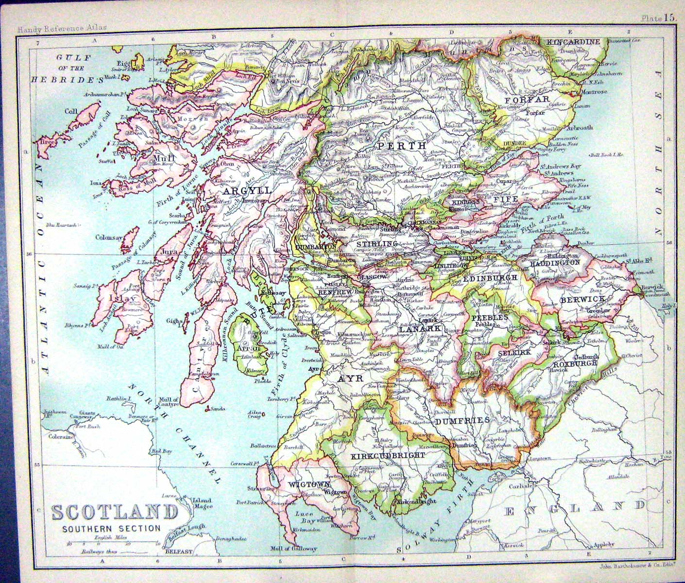Old Print Map C1901 Southern Scotland Perth Argyll Lanark Forfar Berwick 20th