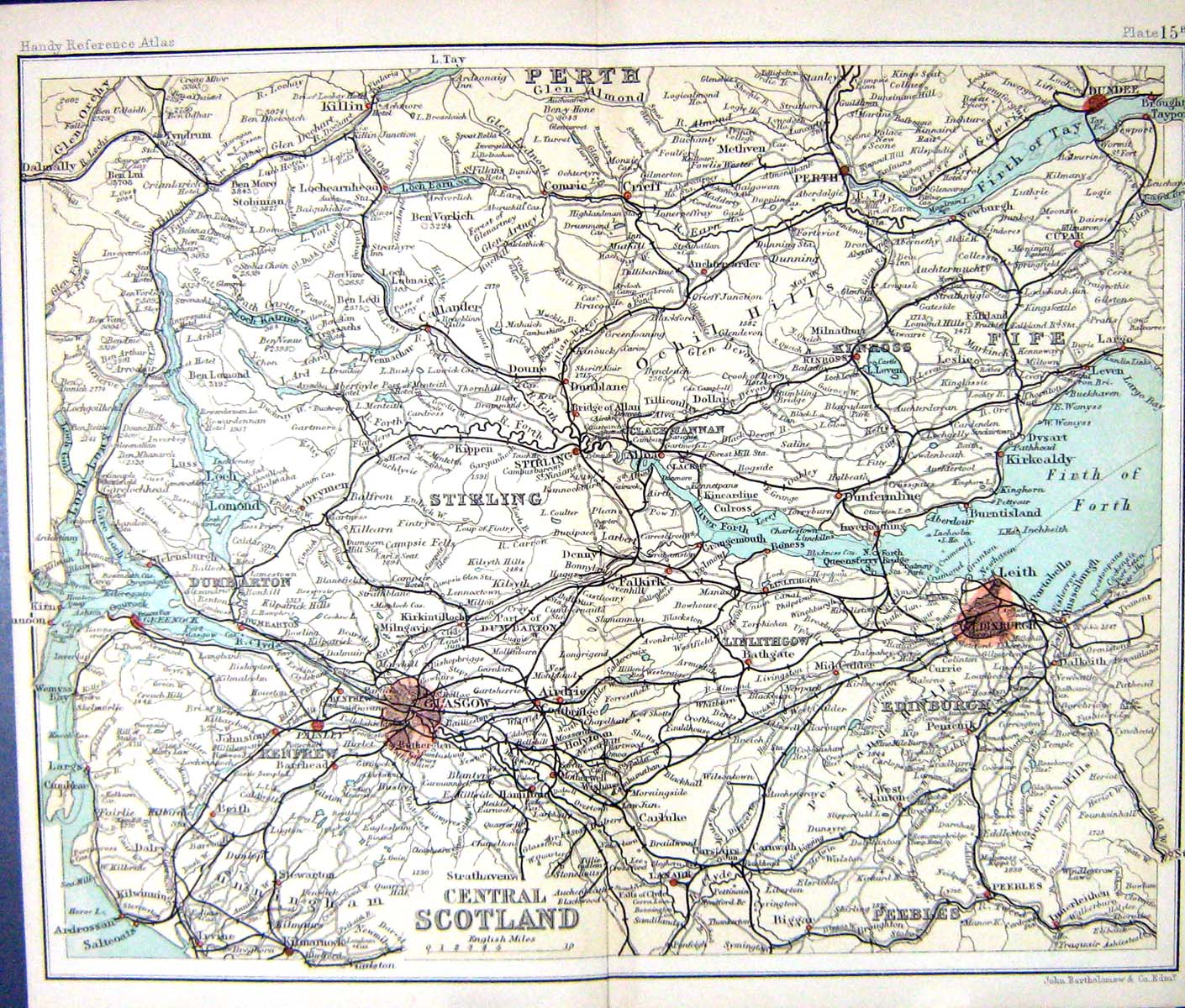Antique Old Print Map C1901 Central Scotland Perth Stirling Leith Dumbarton 0