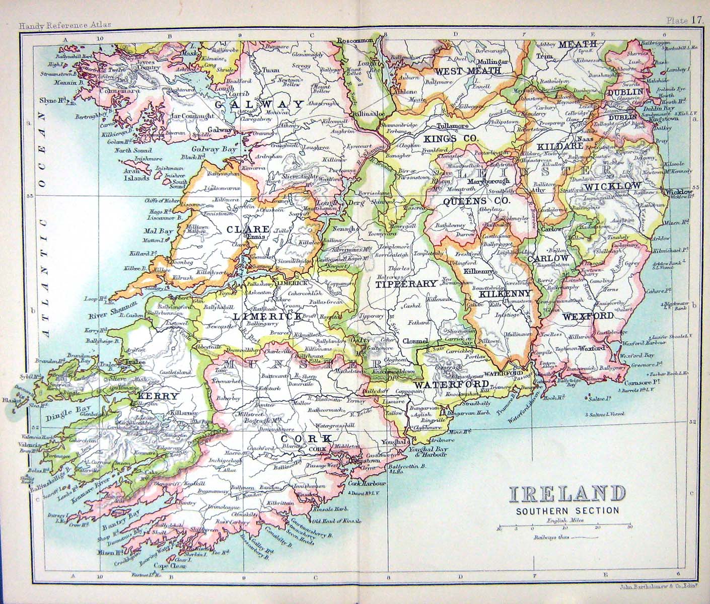 Antique Print Map C1901 Southern Ireland Kerry Waterford Wicklow Tipperary 20th