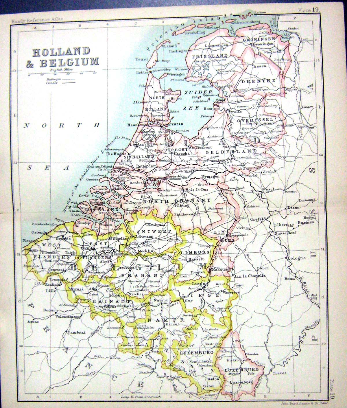 Antique Print Map C1901 Holland Belgium Zuider Zee Zetland Flanders Belgium