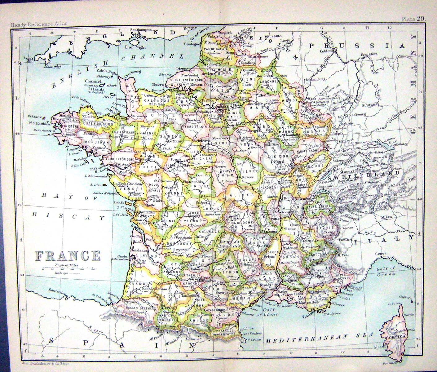 Antique Print Map C1901 France Havre Paris Mediterranean Corsica Bay Biscay