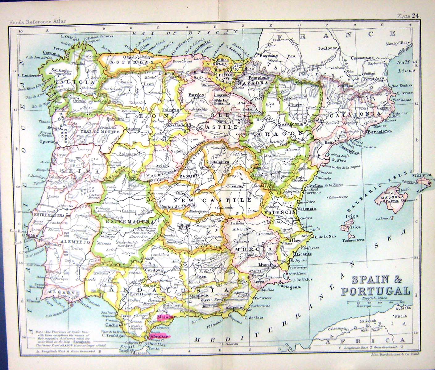 Antique Old Print Map C1901 Spain Portugal Majorca Ibiza Minorca Gibraltar 20th
