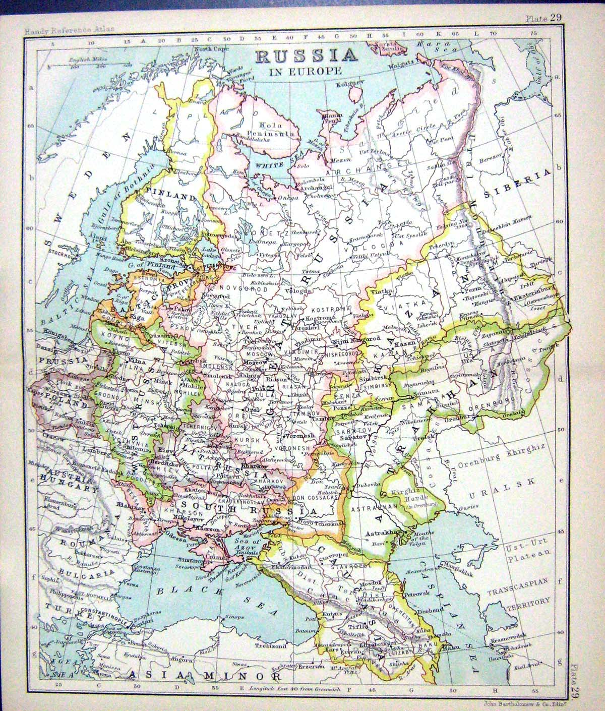 Old Antique Print Map C1901 Russia Europe Baltic Hugary Black Sea Caspian 20th