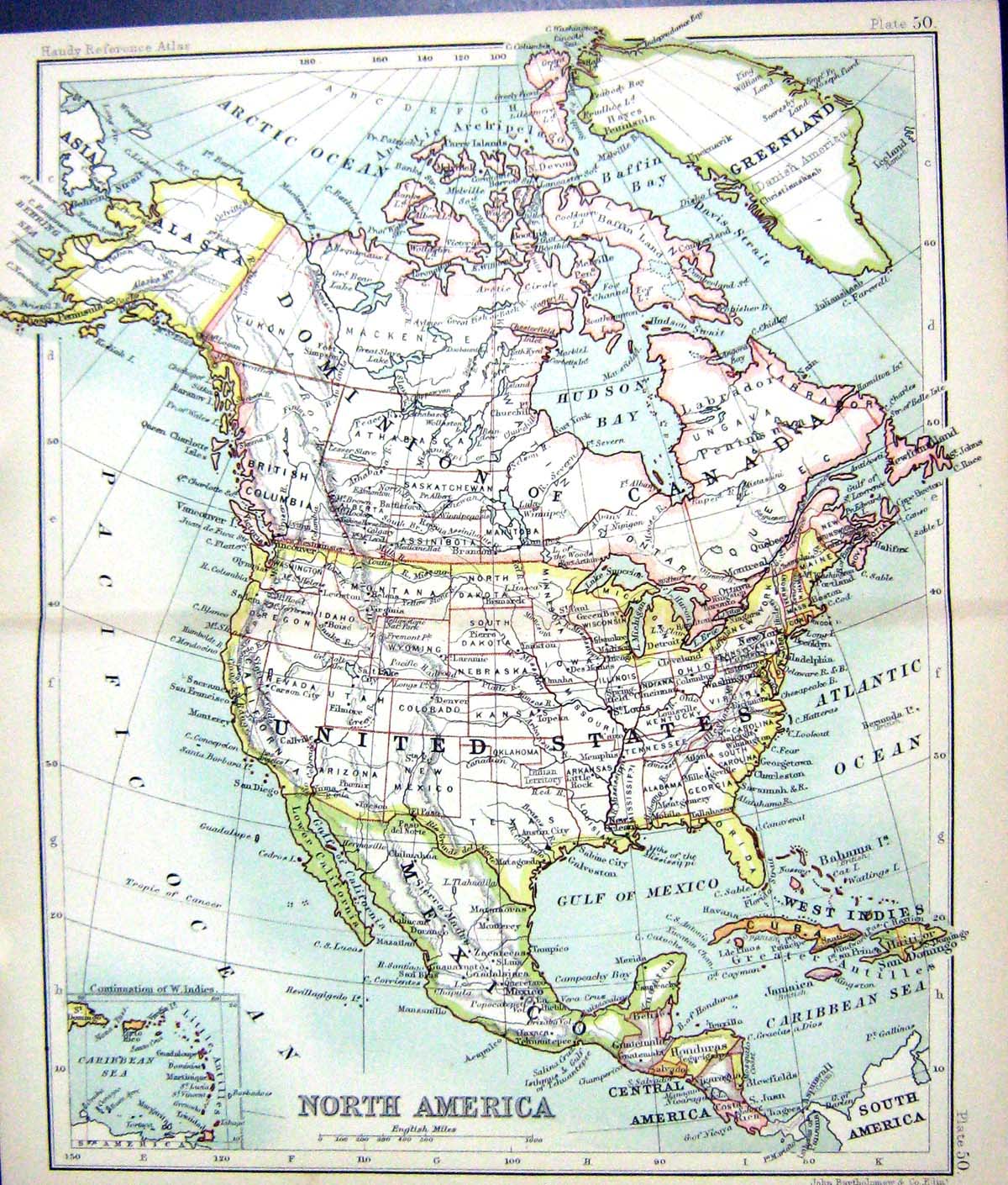 Old Print Map C1901 North America Mexico Cuba Caribbean Hudson Greenland 20th