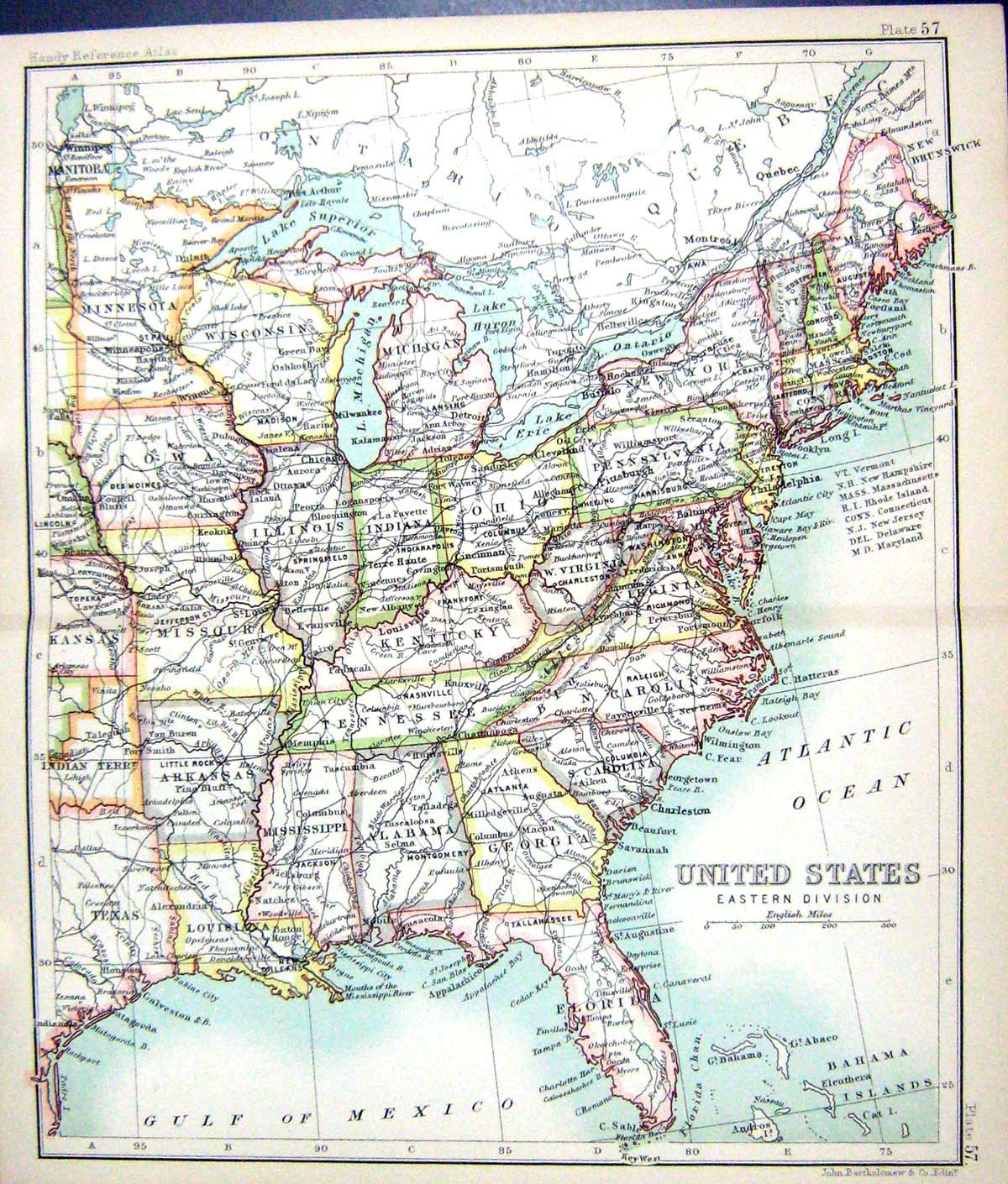 Old Print Map C1901 Eastern America Carolina Alabama Mississippi Georgia 20th