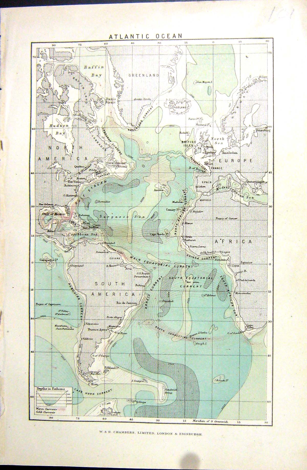 Old Print Chambers Map C1906 Atlantic Ocean America Africa Baffin Canada 20th