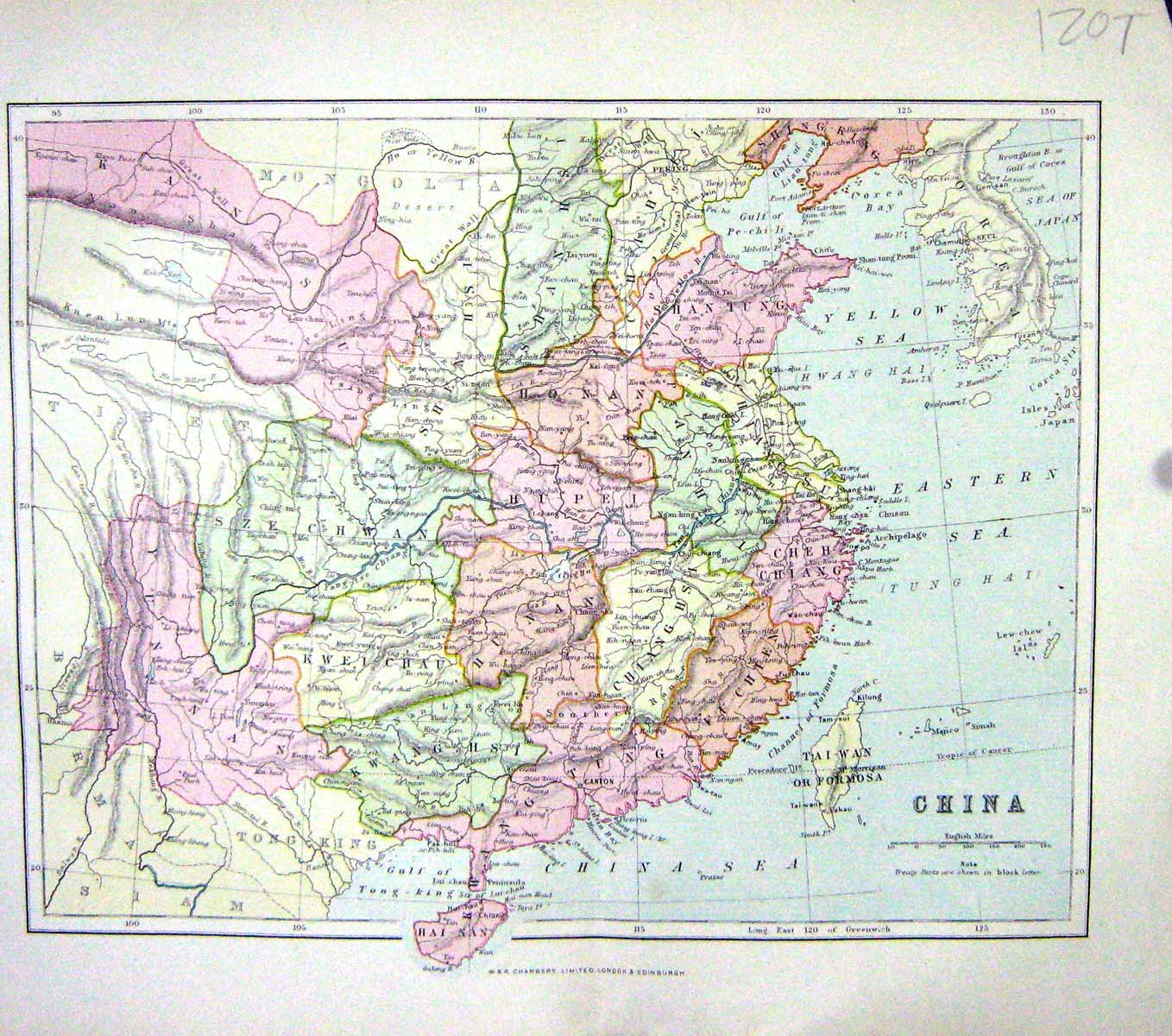 Antique Print Chambers Map C1906 China Formosa Taiwan Yellow Sea Tong-King