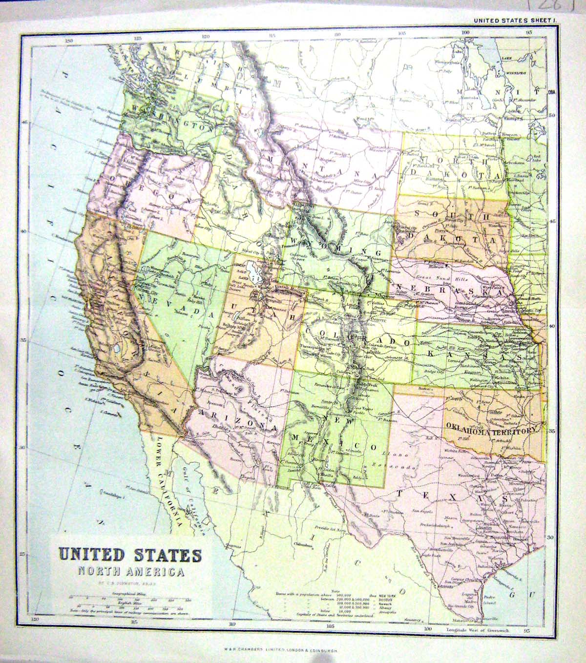 Old Chambers Map C1906 United States America California Nevada Arizon 20th