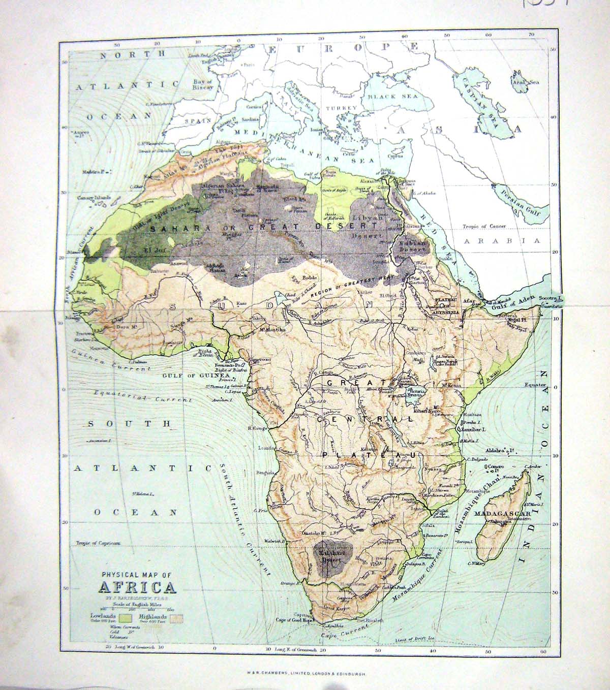 Old Chambers Physical Map C1906 Africa Madagascar Seychelle Mauritius 20th