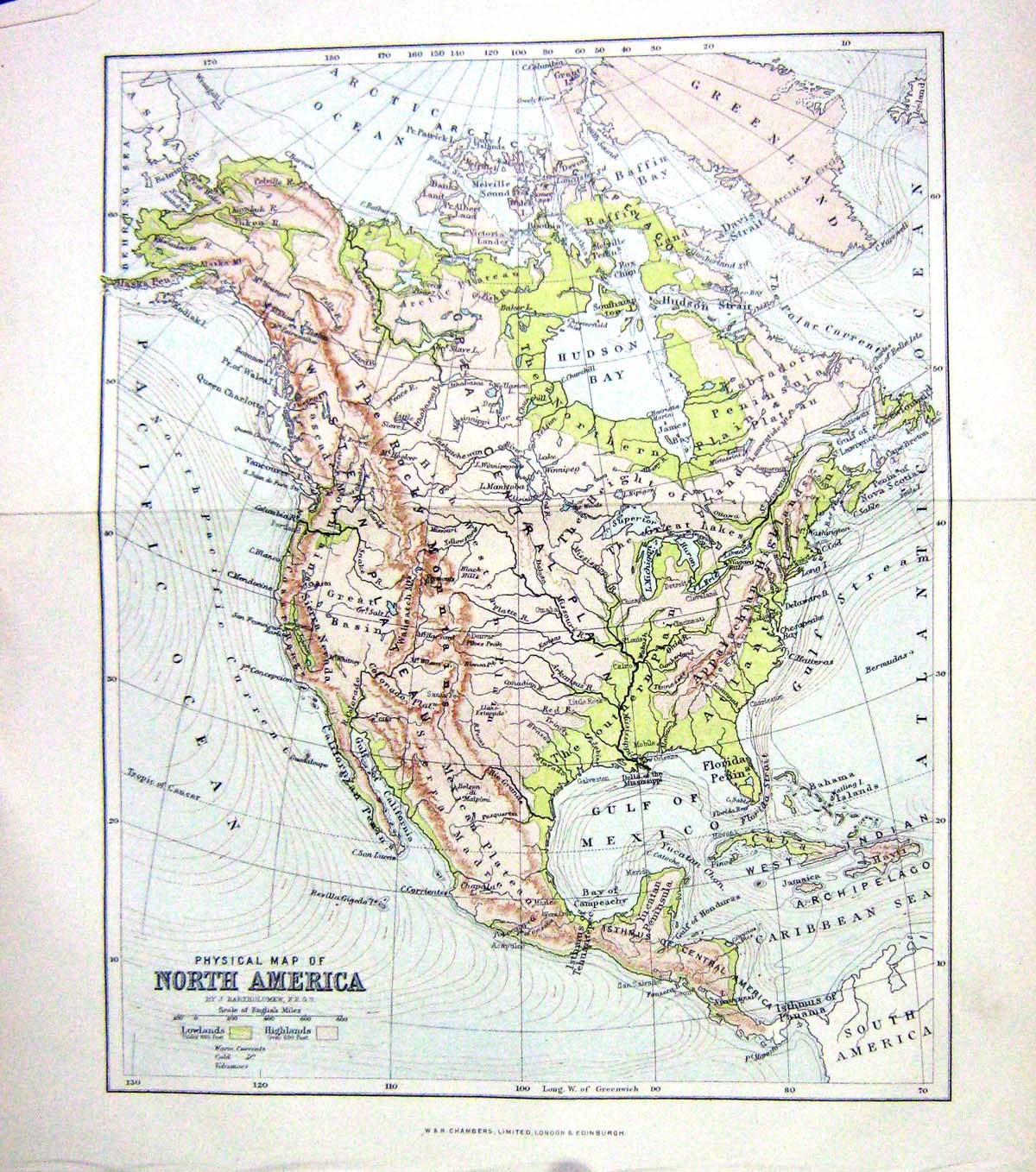 Old Print Chambers Physical Map C1906 North America Mexico Florida Cuba 20th