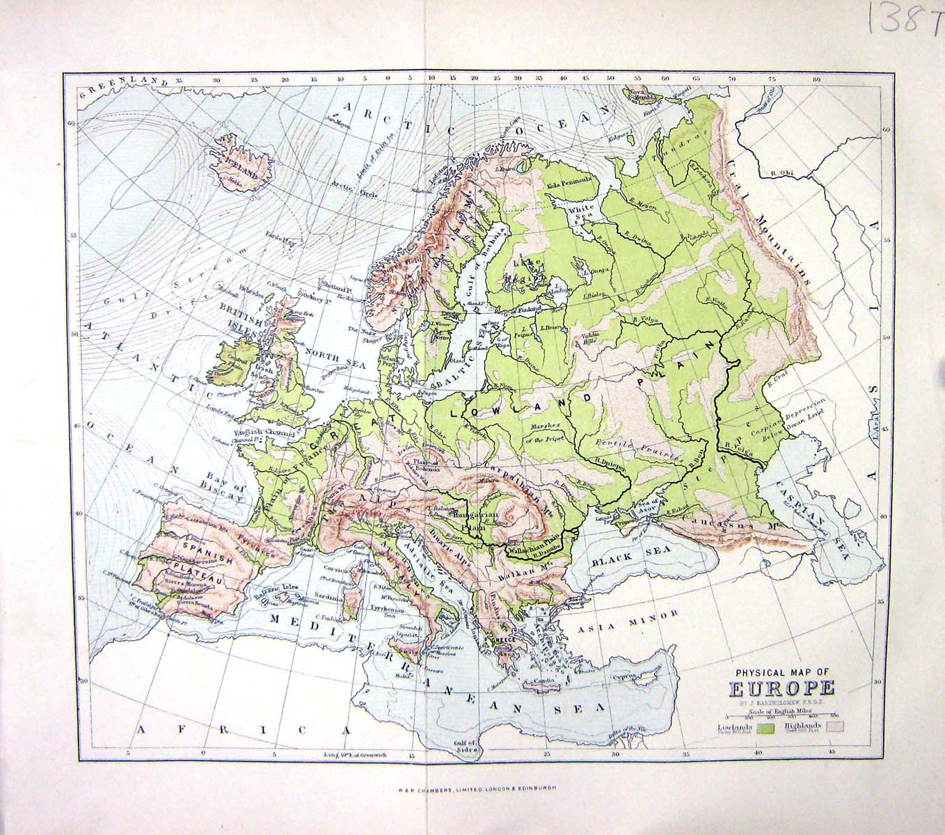 Old Chambers Physical Map C1906 Europe Britain France Spain Italy Gre 20th