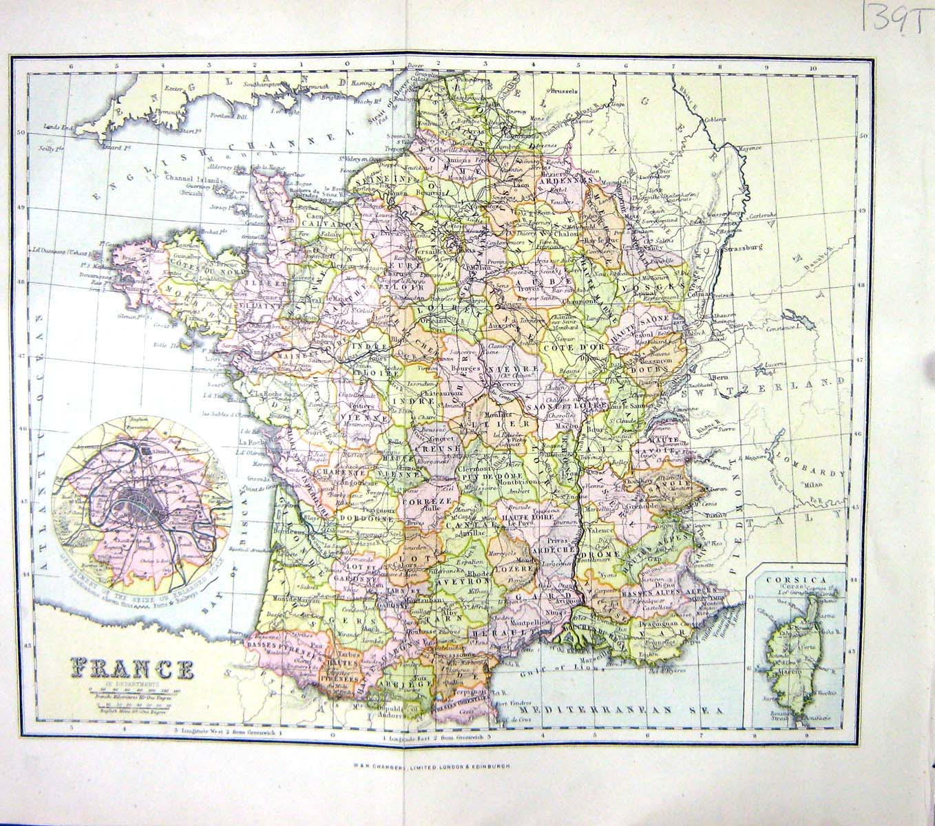 Old Chambers Map C1906 France Paris Bay Biscay Corsica Mediterranean 20th