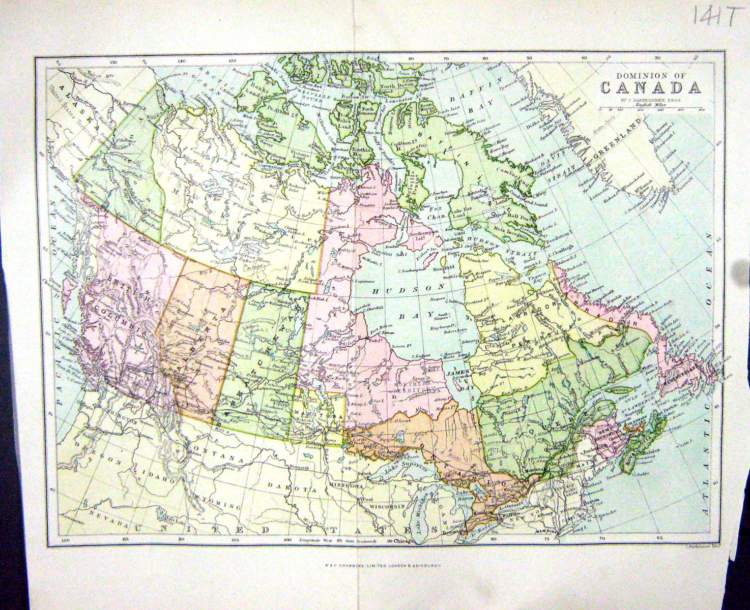 Old Print Chambers Map C1906 Canada Hudson Bay Newfoundland Nova Scotia 20th