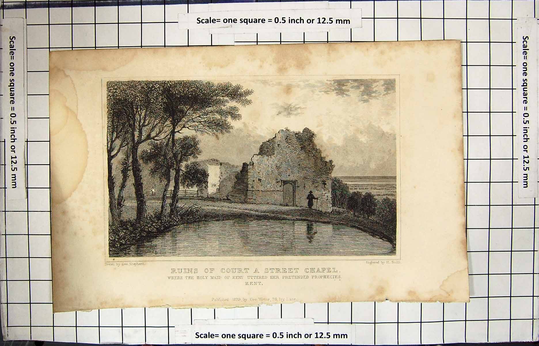 Old Engraving 1829 Ruins Court Street Chapel Holy Maid Kent Shepherd 19th