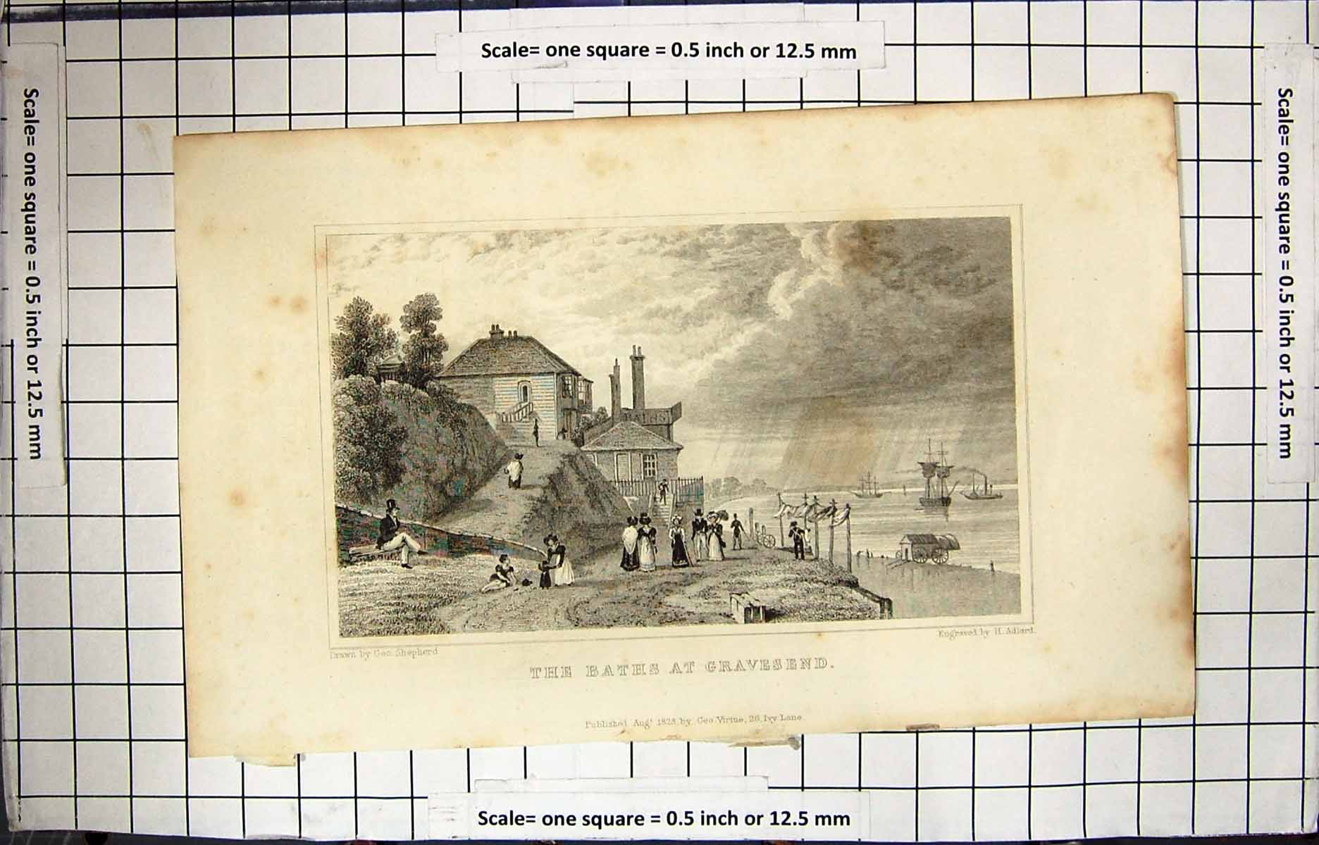 Antique Old Print Engraving 1828 Baths Gravesend Kent England Adlard Shepherd