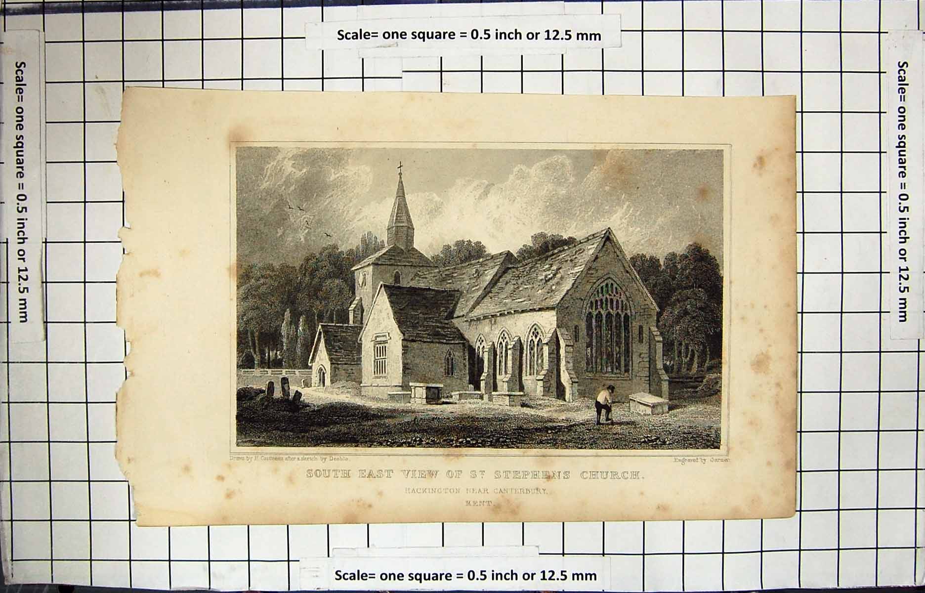 Old Print South East View St. Stephen'S Church Hackington Kent Engraving