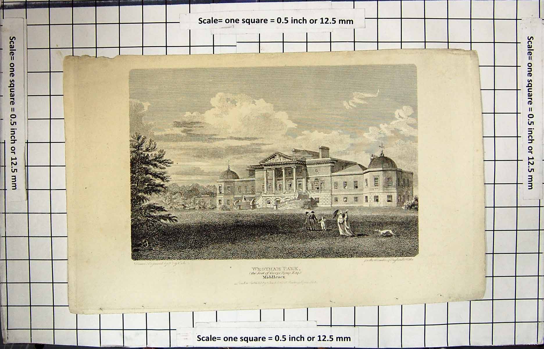 Original Old Antique Print Engraving Architecture Wrotham Park Middlesex