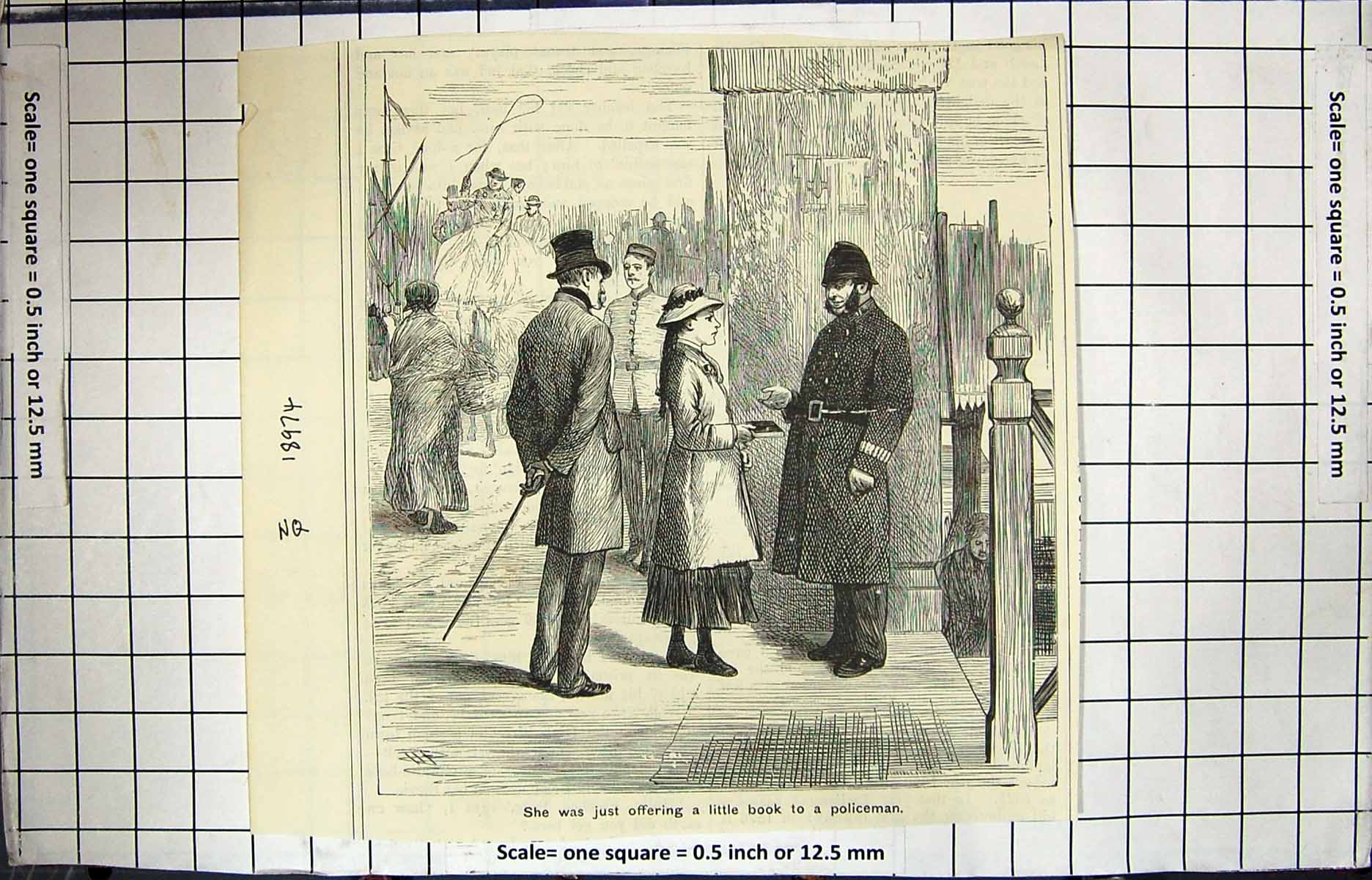 Original Old Antique Print Young Girl Policeman Book Street Scene
