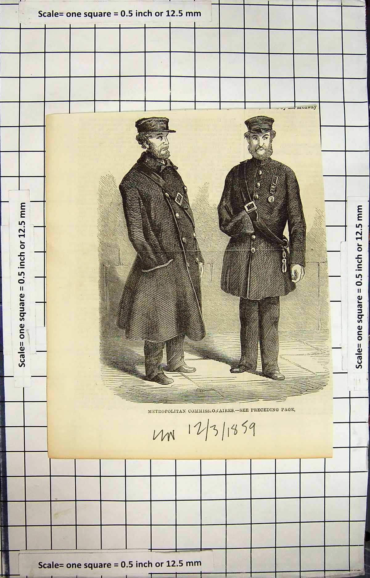Original Old Antique Print Metropolitan Commissionaires Men Uniforms 1859 19th