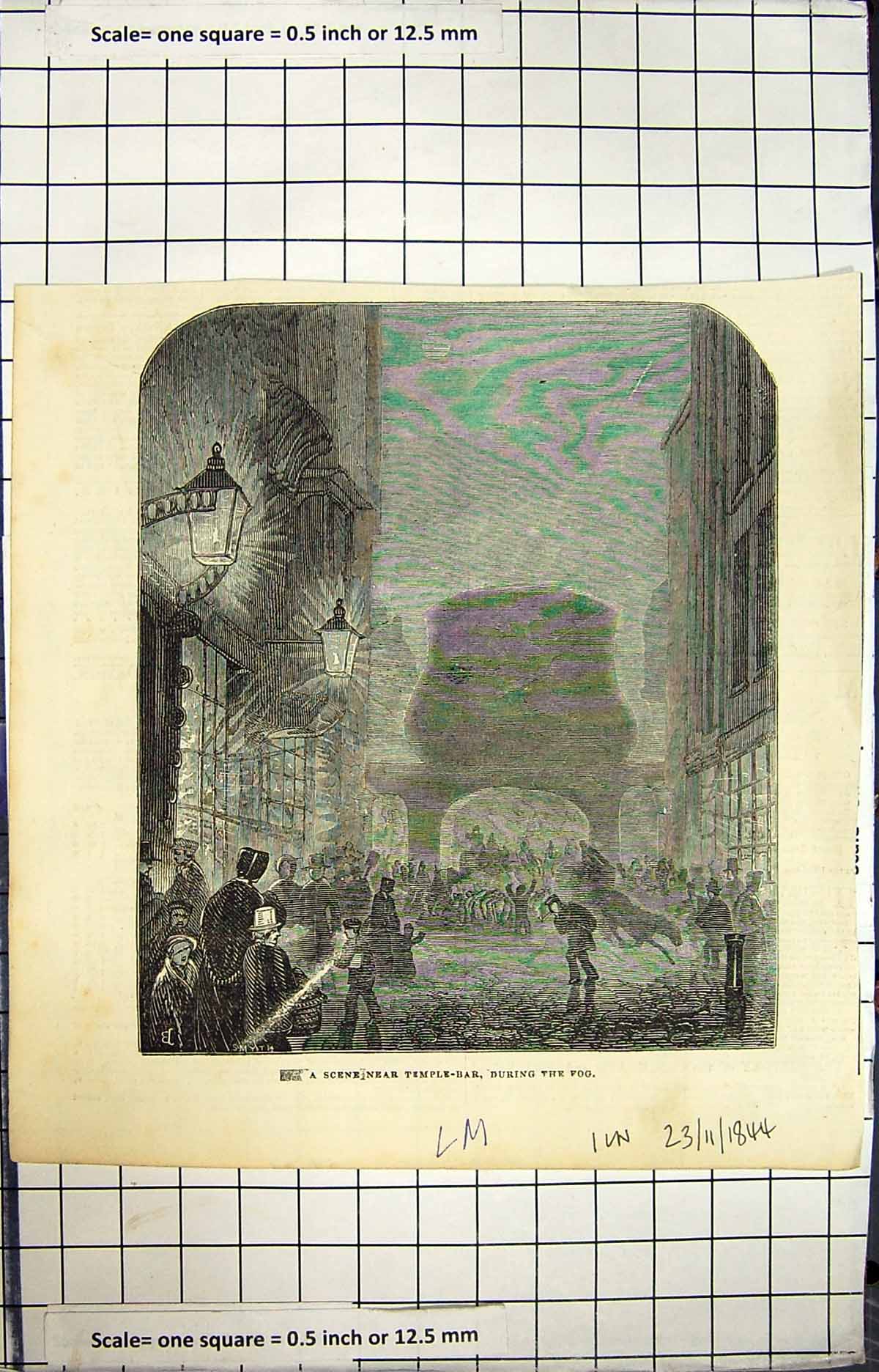 Antique Old Print 1844 Scene Near Temple Bar During Fog London Street Scene