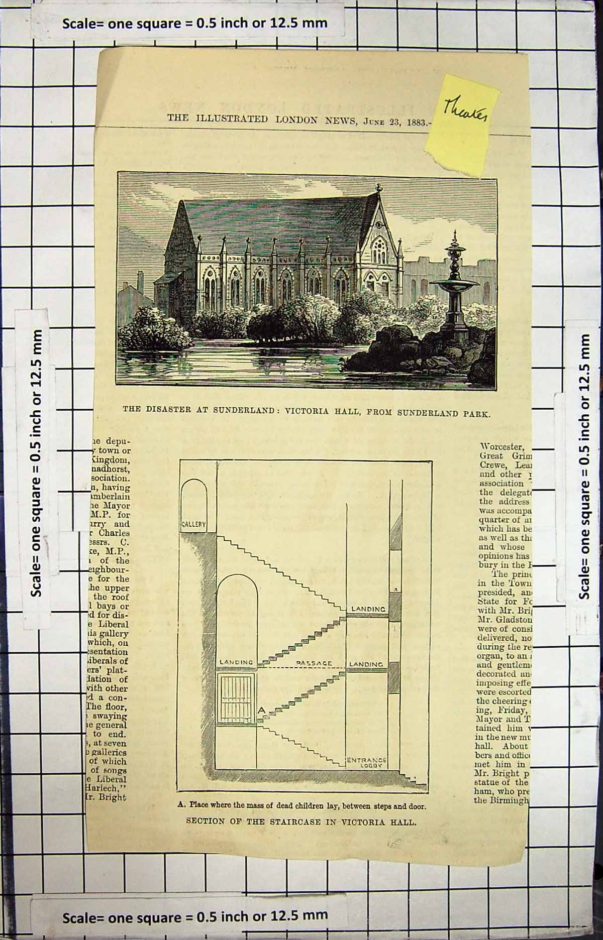 Antique Old Print 1883 Disaster Sunderland Theatre Victoria Hall Staircase 19th