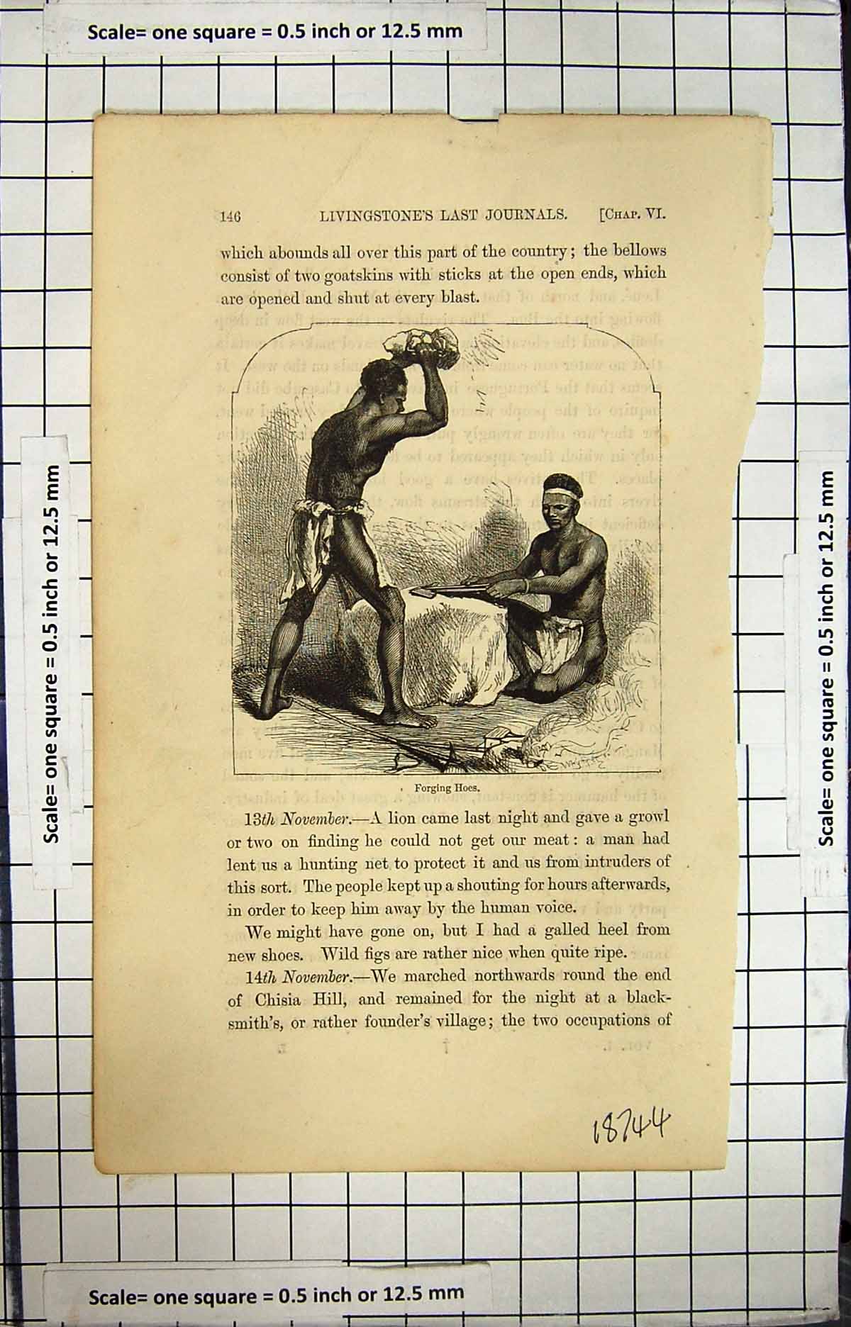Original Old Antique Print Livingstone Africa Explorer Natives Forging Hoes