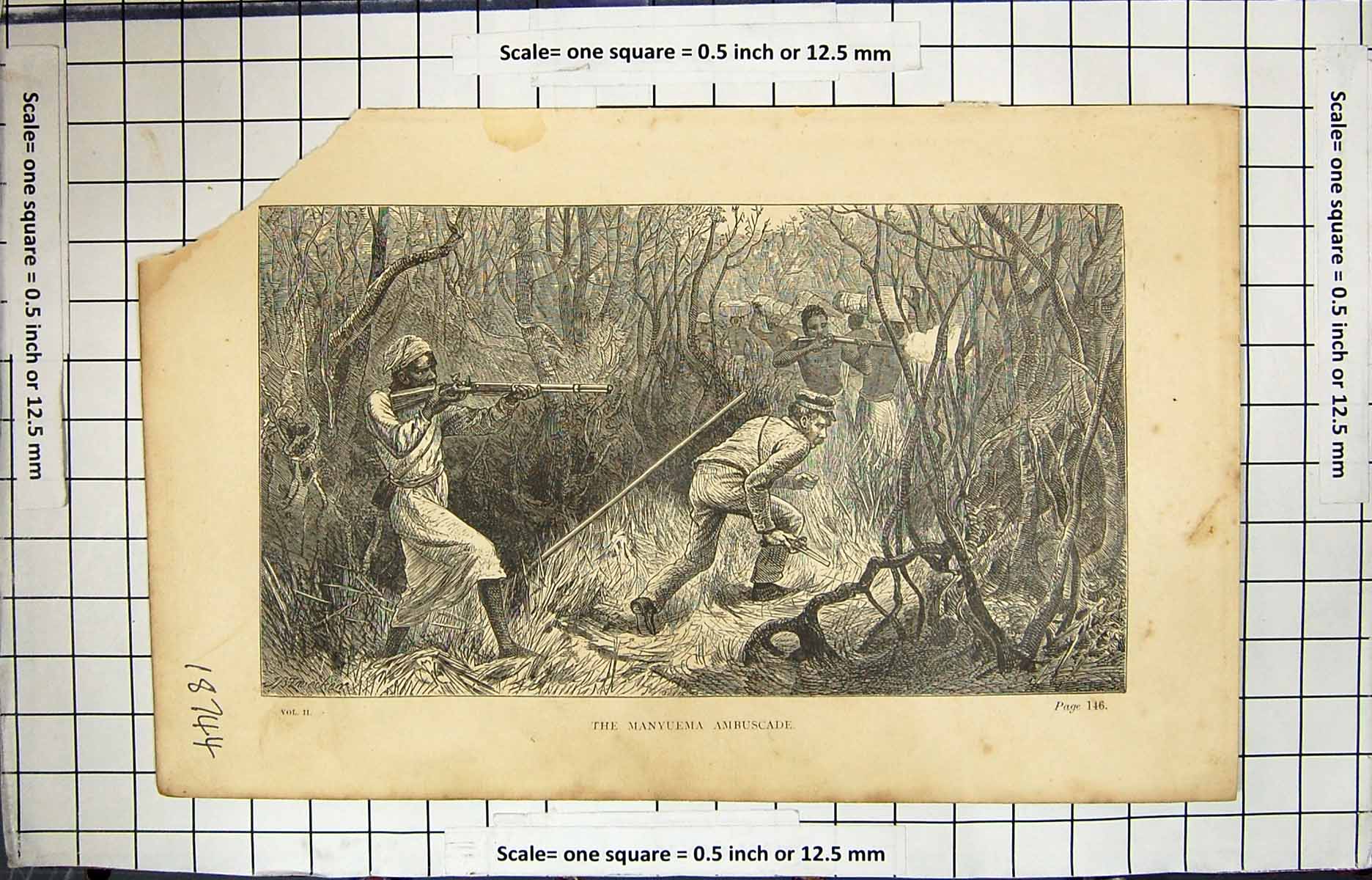 Original Old Antique Print Manyuema Ambuscade Natives Africa War Weapons Attack