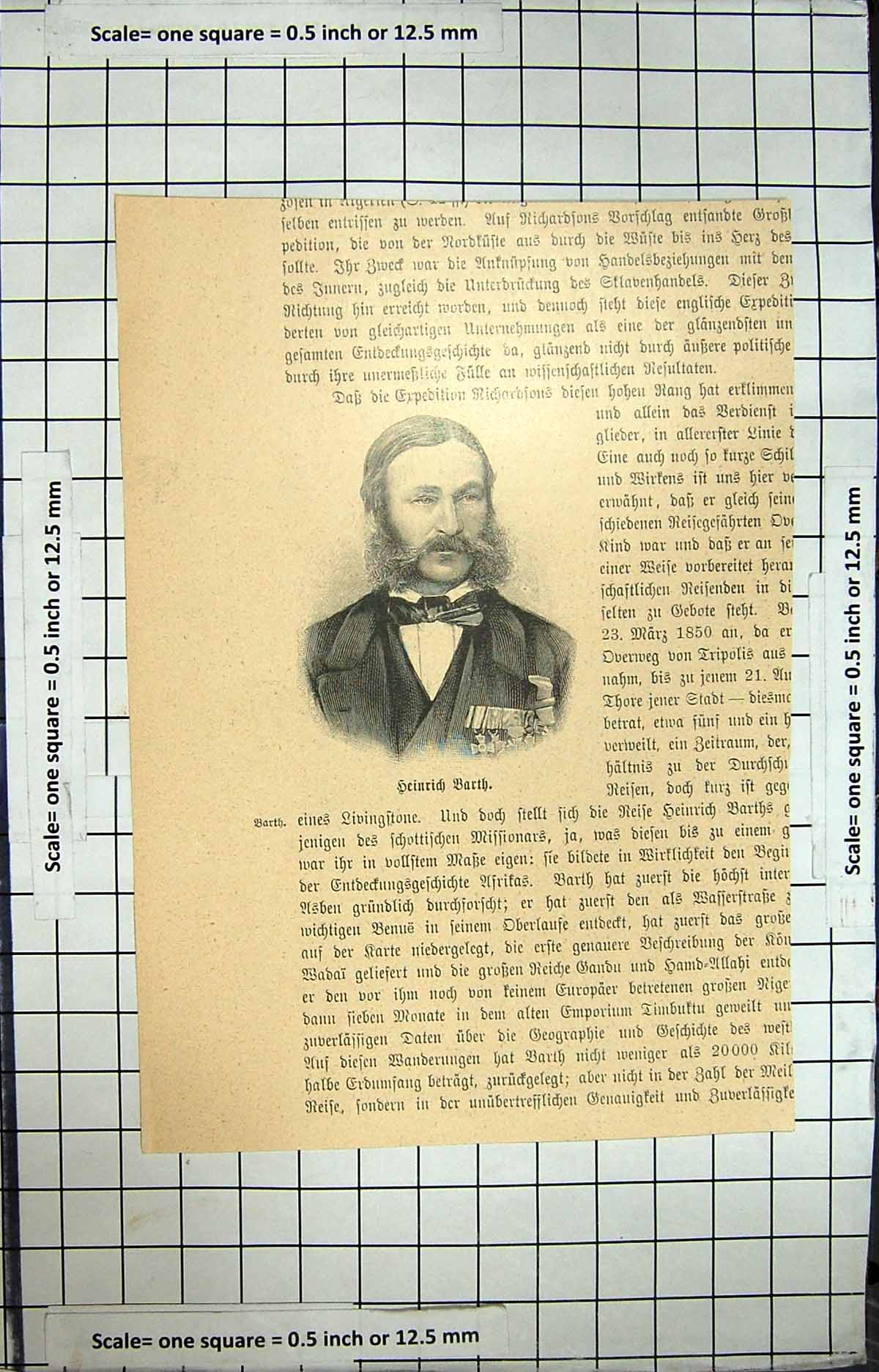 Original Old Antique Print Portrait Heinrich Barth War Medals