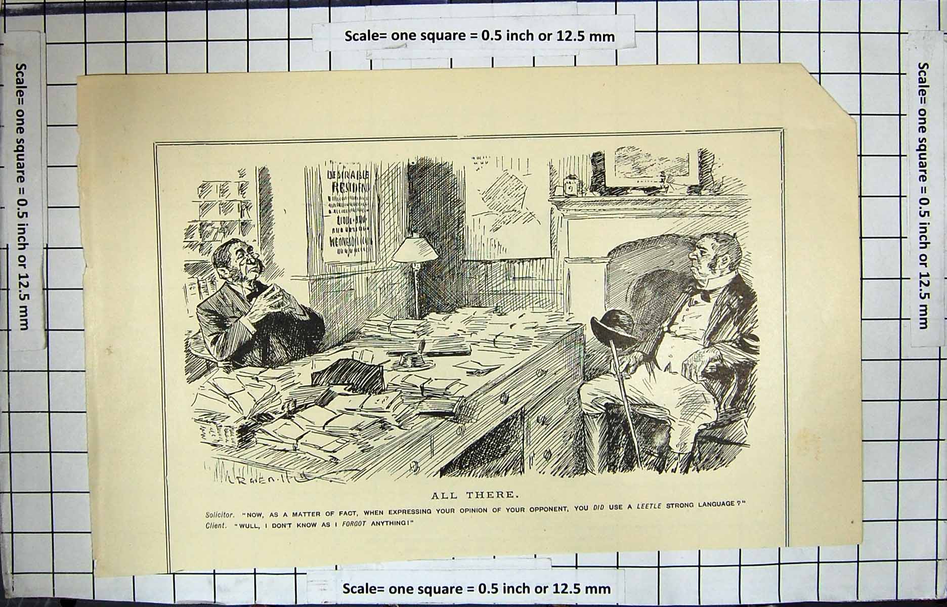 Original Old Antique Print Solicitor Office Client Desk Men Meeting