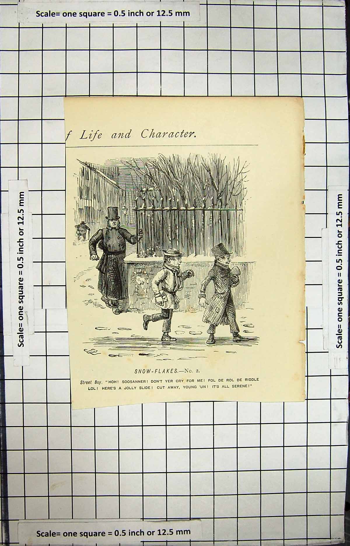Original Old Antique Print Snow Flakes Street Scene Children Policeman
