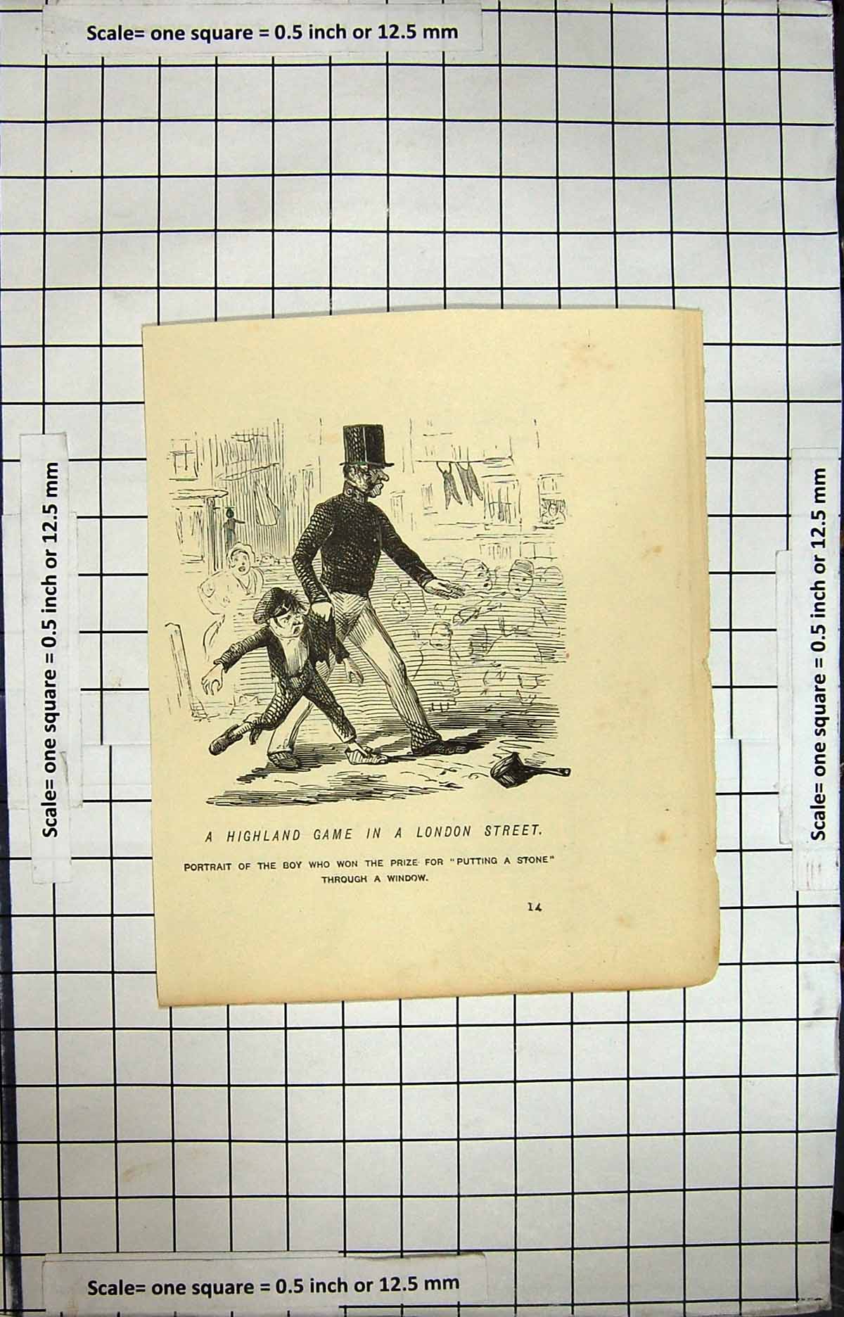 Original Old Antique Print Highland Game London Street Scene Young Boy