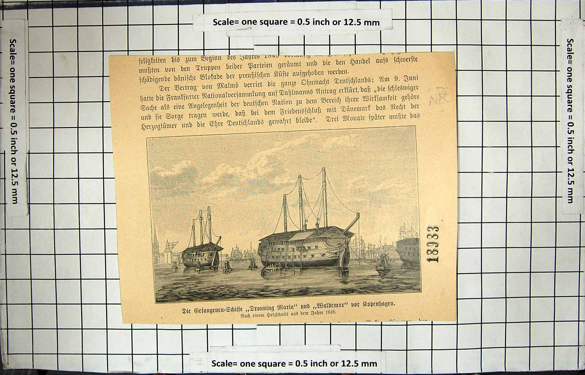 Original Old Antique Print War Ships Dronning Maria Waldemar Copenhagen